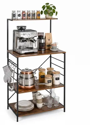 Productafbeelding van Relaxdays Keukenrek, 4 planken en haken, HxBxD: 123 x 60 x 40 cm, MDF, ijzer, industriële stijl, bakkerijrek, bruin/zwart, AI-gegenereerde afbeelding
