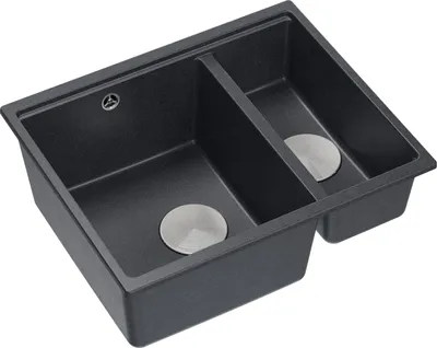 Produktbild von QUADRON Spülbecken 1,5-Becken Spüle | Größe: 55,5 x 46 x 22 cm | LOGAN 150 | Unterbauspüle Granitspüle aus GraniteQ mit Siphon | Schwarz + Stahl