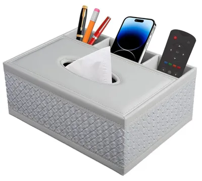Immagine prodotto di Contenitore per fazzoletti di trucco in ecopelle, con scomparto per telecomando, colore bianco, motivo intrecciato, dimensioni 25,5x18,4x10 cm