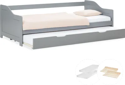 Image de Lit gigogne 90x200 cm Lit banquette avec Matelas 2 places en Bois Gris Lit d'appoint Lit tiroir Lit d'enfant