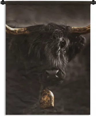 Produktbild von MuchoWow® Wandteppich Wandbehang Schottisches Hochlandrind - Glocke - Gold 90x120 cm Tapisserie Dekoration Wandtuch - Wanddeko