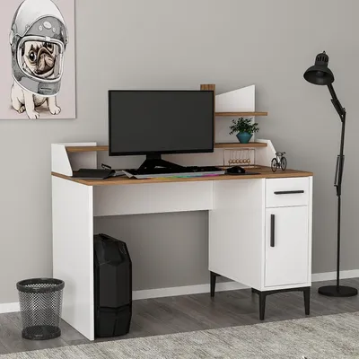 Image de HOMIDEA ZETA : Bureau avec étagères – Bureau moderne pour ordinateur et table de maquillage, idéal pour le bureau à domicile, le bureau et les chambres d'adolescents (blanc/chêne)