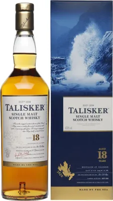 A bottle of Talisker 18 Year Old Single Malt Scotch Whisky next to its packaging.
