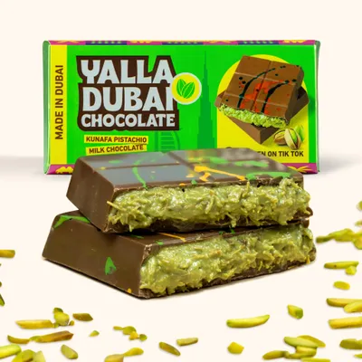 Productafbeelding van Yalla Dubai Chocolade, handgemaakt in Dubai, virale pistache-kunafah chocolade, 180-gram chocoladetafel, melkchocolade