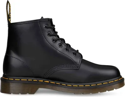 A black leather boot on a white background.
