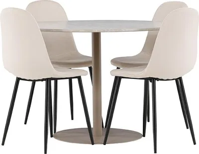 Image de Lycke ensemble pour salle à manger table Ø110cm et 4 chaises velours beige.