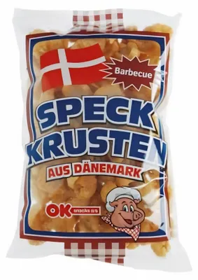Produktbild von Speckkrusten aus Dänemark Barbecue BBQ Geschmack 150g Chicharrón Schweineschwarte gebacken