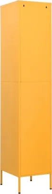 A tall, narrow, yellow cabinet with a seam down the middle, standing on four legs.