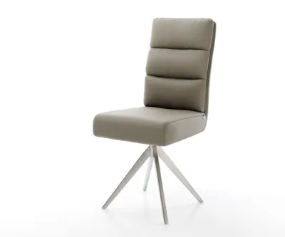 A modern dining chair with a leather seat and a metal base, presented against a white background.