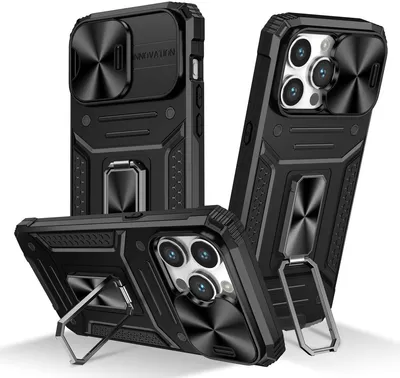Three black iPhone cases are displayed at different angles on a white background.