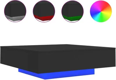 A 3D rendering of a black couch table with a blue base, shown with small circular insets displaying different color options and a color wheel.