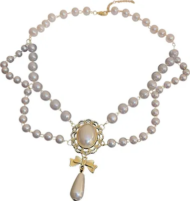 Produktbild von Damen Halskette mit Kunstperlen, ausgehöhlter Schleife, Halsband, Choker, Vintage-Stil, Barock-Stil, doppellagig, verstellbare Länge, r Halsschmuck für Braut und Hochzeit