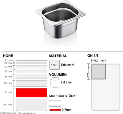Zdjęcie produktu dla Pojemnik gastronomiczny GN 1/6 - 150 mm - GN90 - stal nierdzewna 18/8 - 0,7 mm