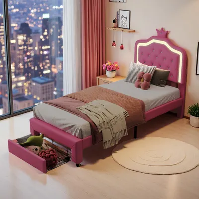 Immagine prodotto di Letto per bambini UnboxG 90 x 200 cm con illuminazione a LED e cassetto - Letto in Finto cuoio, rosa, letto singolo con luce sulla testata, vano portaoggetti e stabile rete a doghe