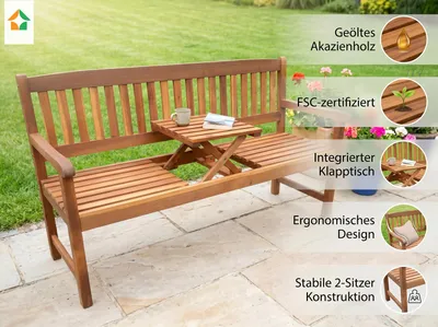 Immagine prodotto di Panchina da giardino a due posti con tavolino ribaltabile in legno di acacia 153x57x88 cm