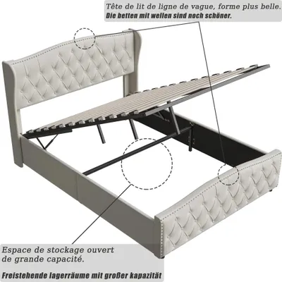 Produktbild von Hydraulisches Bettgestell - Doppelbett 160x200 cm - Mit Stauraum - Samtpolsterung - Kopfteil - MDF & Metallrahmen - Ohne Matratze - Grau