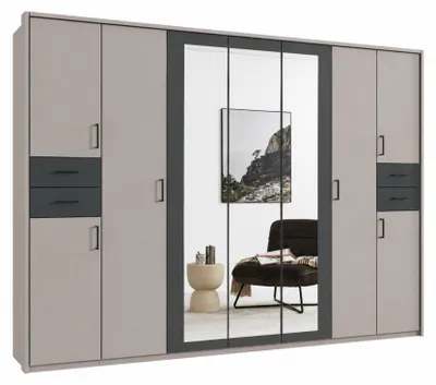 Produktbild von Drehtürenschrank Kleiderschrank 313cm Passepartout Spiegel Sand Grau mit Grafit / 22585