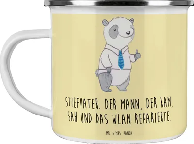 Produktbild von Mr. & Mrs. Panda Emaille Tasse Stiefvater Held - Gelb Pastell - Geschenk, Blechtasse, Familie, blechbecher, Geschenke, Campingtasse, herzerwärmende Sprüche, Pott, Technik