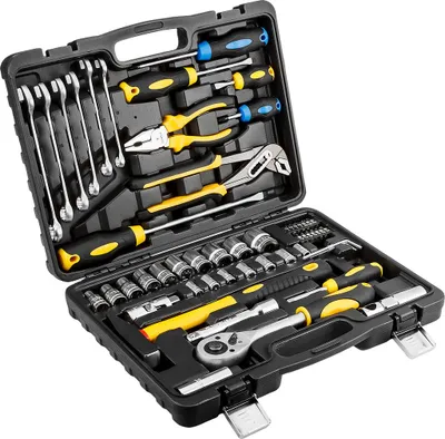 Produktbild von Werkzeugset 56-teilig aus Chrom-Vanadium-Stahl mit 1/2 Zoll Ratsche und 300 g Hammer