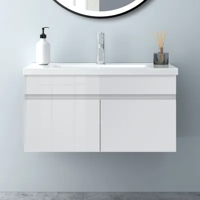 Produktbild von Waschtisch mit Unterschrank 80cm BERGEN Badmöbel Set Hochglanz Weiß Keramik Waschbecken mit Unterschrank MDF Softclose