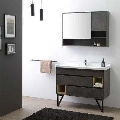Produktbild von 101 cm breiter Unterschrank mit Waschbecken und Spiegel im industriellen Stil | Vienna