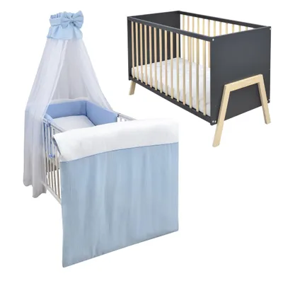 Produktbild von Babybett Kinderbett Gitterbett Juna 60x120 Anthrazit Schutzgitter Matratze Bettwäsche Set 10tlg  Waffelpique Musselin Blau