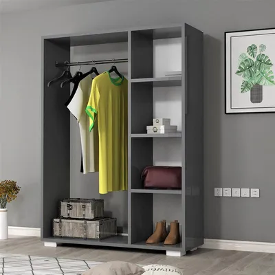 Obrázok produktu pre Skriňa – antracitová farba – drevotrieska – 126 x 90 x 30 cm – s vešiakom a 4 otvorenými policami