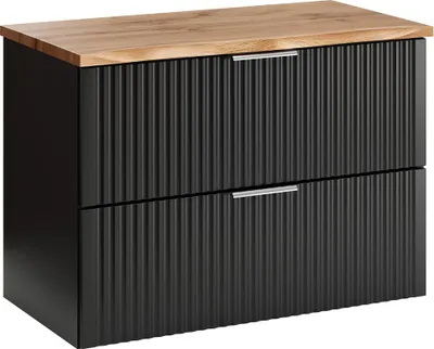 Produktbild von Badezimmer Waschbeckenschrank mit 80 cm Breite, schwarz und Eiche mit Baumkantenoptik, gerillte Front, 2 Schubladen - ADELAIDE-56-BLACK