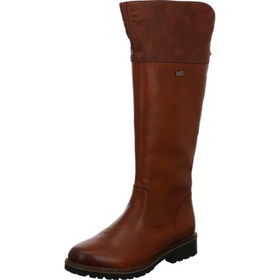 A single brown leather boot is shown against a white background.