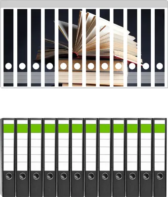 Produktbild von Wallario 12 Stück schmale Ordner inkl. Klebeetiketten mit Motive Bücherstapel -  Set mit Rückenschildern / Ordnerrücken Stickern