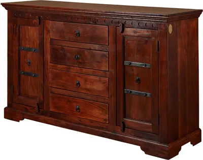 A dark brown wooden sideboard with multiple drawers and cabinet doors.