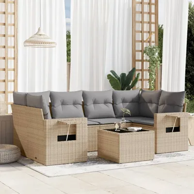 Produktbild von Design 7-tlg. Garten-Sofagarnitur mit Kissen Beige Poly Rattan, Gartenmöbel-Sets 2024 Neu