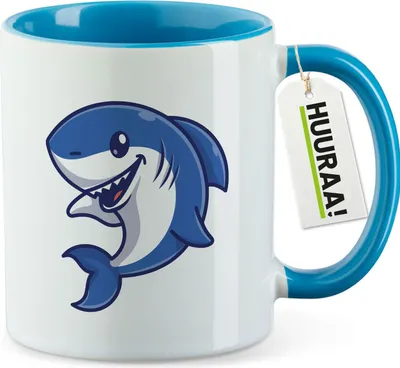 Produktbild von Huuraa Kaffeetasse Hai Comic 330ml Blau Keramik Kaffeebecher Geschenkidee