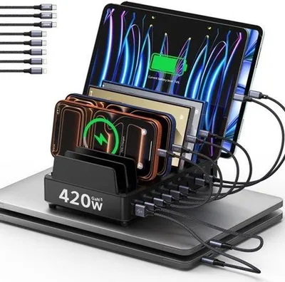 Productafbeelding van 420W oplaadstation voor meerdere apparaten, USB-C-oplaadstation, GaN PD3.0 met 10 poorten, snellaadstation voor desktop, compatibel met MacBook Pro/Air, iPhone, Galaxy