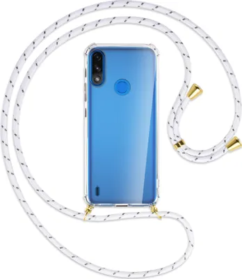 Produktbild von Handykette Backcover-Schutzhülle mit Band (Metall goldfarben) für Motorola Moto E7 Power, E7i Power - weiß/grau