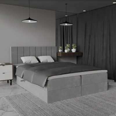 Obrázok produktu pre QLA Möbel Boxspringbett Bergamo 160x200 s 2 zásuvkami na posteľ, manželská posteľ s matracom a topperom, čalúnená posteľ, posteľ. Farba sivá