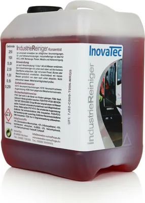 A large plastic container of industrial cleaner.