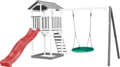 Produktbild von AXI Beach Tower Spielturm aus Holz in Weiß & Grau | Spielhaus für Kinder mit roter Rutsche, Nestschaukel und Sandkasten | Stelzenhaus für den Garten