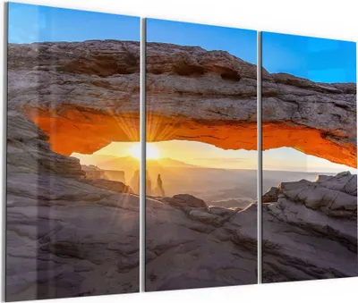 Produktbild von DEQORI Glasbild Echtglas 3x50x100 cm 'Felsbogen im Morgenlicht' Wandbilder XXL groß
