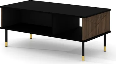 Productafbeelding van Salontafel WOODY IV, 110x55 cm, zwart mat / Catania eikenhout, gefreesde fronten, MDF. Koffietafel, bijzettafel, tafel met poten, geschikt voor de woonkamer