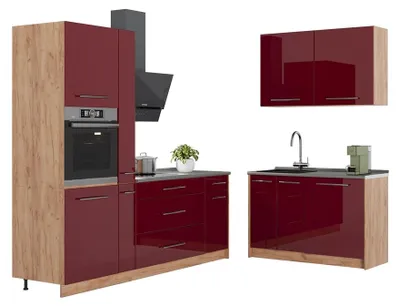 Zdjęcie produktu dla Kuchnia Vicco Fame-Line Bordowy wysoki połysk/Dąb goldkraft 220 x 120 cm bez blatu roboczego, Model 64994