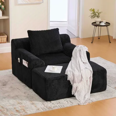 Produktbild von Extra großer Cord Sessel mit Fußstütze & Seitentaschen – Kein Aufbau, weich gepolstert, ideal zum Lesen & Entspannen
