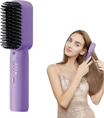 Produktbild von Mini -Glättchen kurzes Haar, Locken, Glatt 2 in 1, tragbares drahtloses Haarweg, elektrische Bürste 3 Wärmeeinstellungen Männer Frauen (lila)