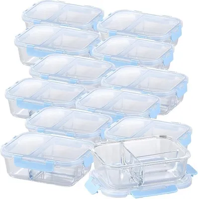 Imagen del producto de Recipientes de vidrio para microondas: Juego de 12 recipientes de vidrio con tapas a presión y 3 compartimentos, de 1 litro (juego de cuencos de vidrio con tapa, apto para microondas, a prueba de fugas)