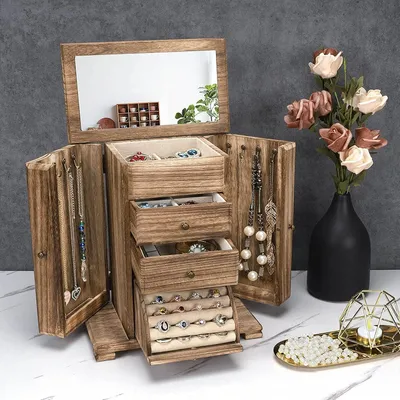 Productafbeelding van Houten sieradendoos, rustieke stijl, 4 lagen, met spiegel, geschikt voor ringen en sieraden