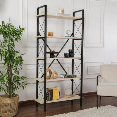 Image de Bibliothèque Étagère en bois MDF mélaminé et métal travertin et noir 90 x 34 x 180 cm Industriel
