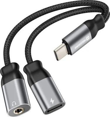 Image de Swissten, Adaptateur de charge USB-C 2en1 audio/3.5mm nylon, Noir