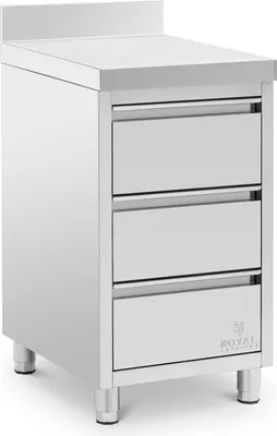 Obrázek produktu pro Expondo Royal Catering pracovní skříň z nerezové oceli – 50 x 60 cm – 186 kg – 3 zásuvky – s ohybem –