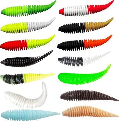 A collection of colorful fishing lures arranged on a white background.