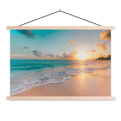 Produktbild von MuchoWow® Textilposter Sonnenuntergang - Strand - Meer - Sommer - Blau 120x80 cm mit holzfarbenen Rahmen - Aufhängeset